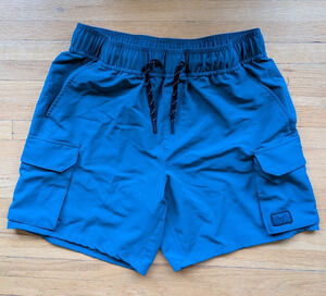 Bison Ridge Men's Blue Cargo Shorts, Elastic Waist Drawstring Pockets, S